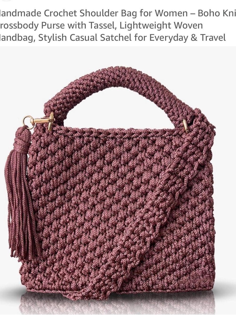 Handmade Crochet Crossbody Bag in Dusty Rose with Tassel